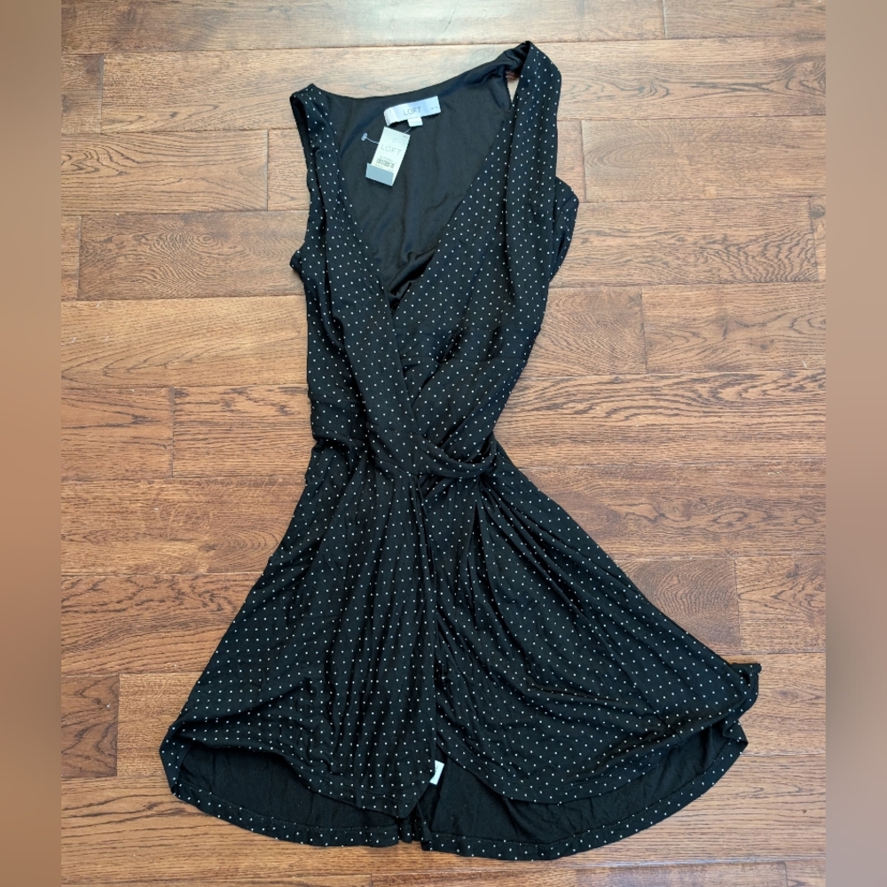 NWT Ann Taylor Loft Womens XXSP Black Polka Dot Wrap Sleeveless Stretch Dress